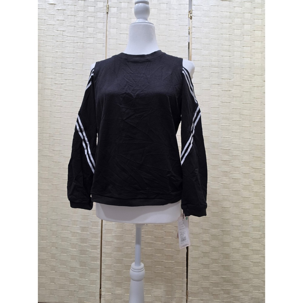 Black Cold Shoulder Sweatshirt White Striped Long Sleeve Pullover Size L